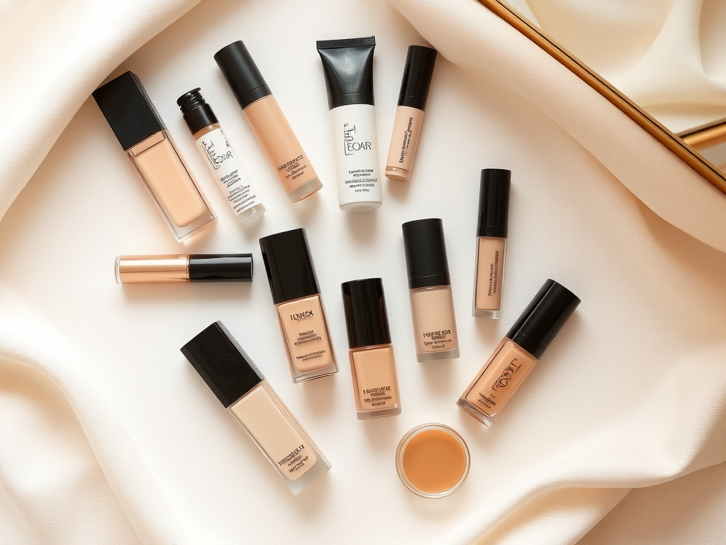 A collection of various foundation bottles and containers arranged on a soft, cream-colored fabric background.