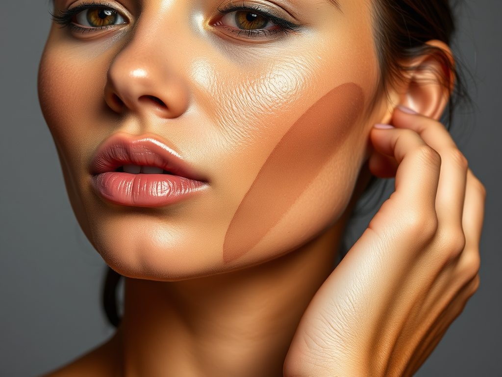 A close-up of a woman's face showing radiant skin and a bronzer line on her cheek, with soft lighting and natural makeup.