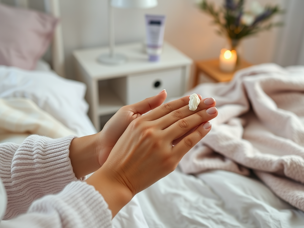 A person applying cream on their hands in a cozy, softly lit bedroom setting.