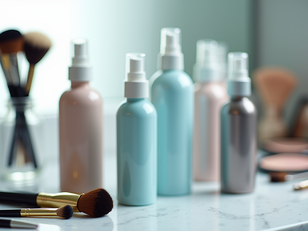 Assorted cosmetic spray bottles in pastel colors on a marble surface, with makeup brushes blurred in background.