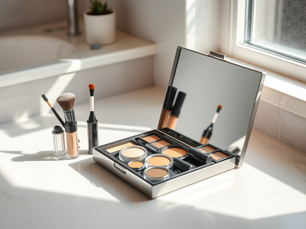 A makeup kit with a mirror, brushes, and various foundation and concealer shades on a sunny counter.