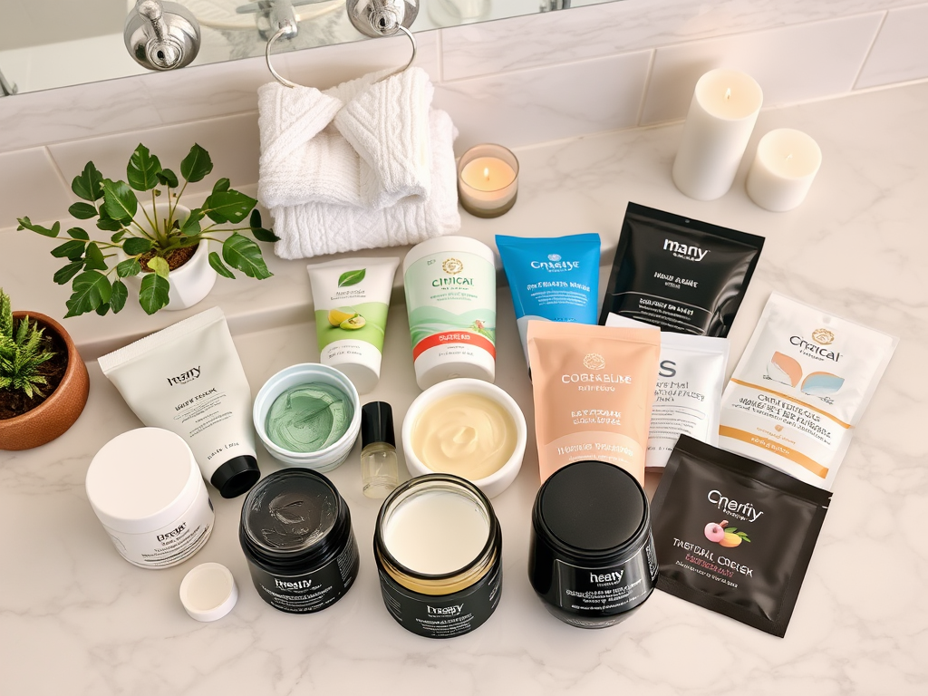 A neatly arranged collection of skincare products on a marble countertop, with candles and a small plant nearby.