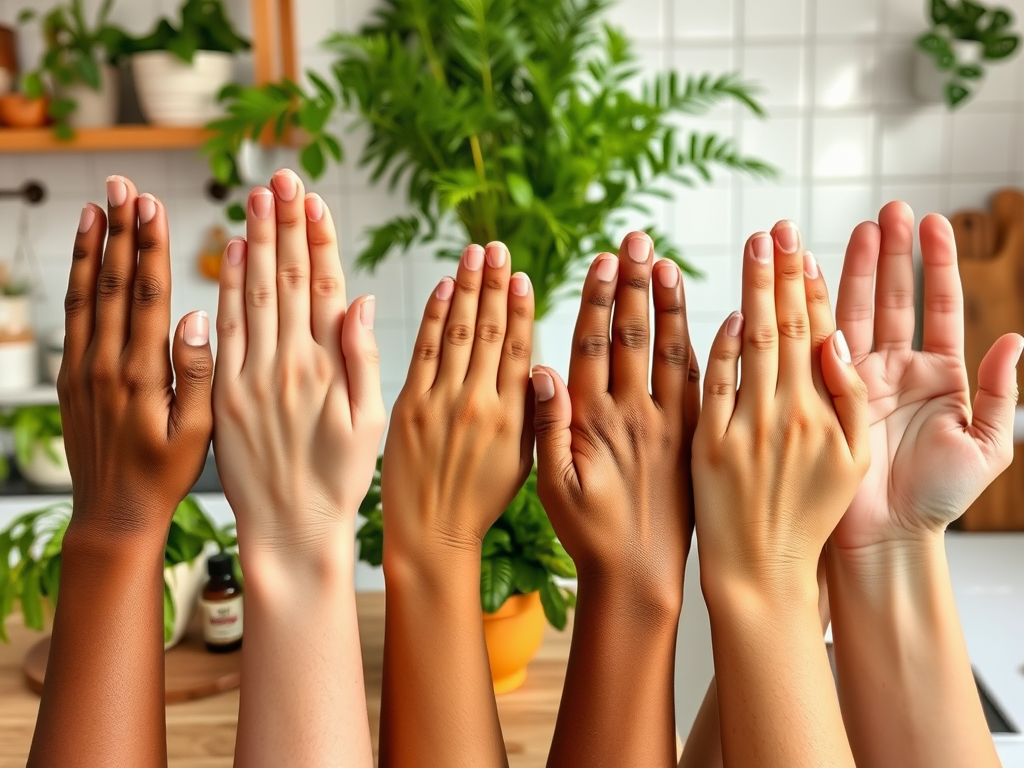 A lineup of diverse hands raised, showcasing various skin tones against a background of greenery and a kitchen setting.