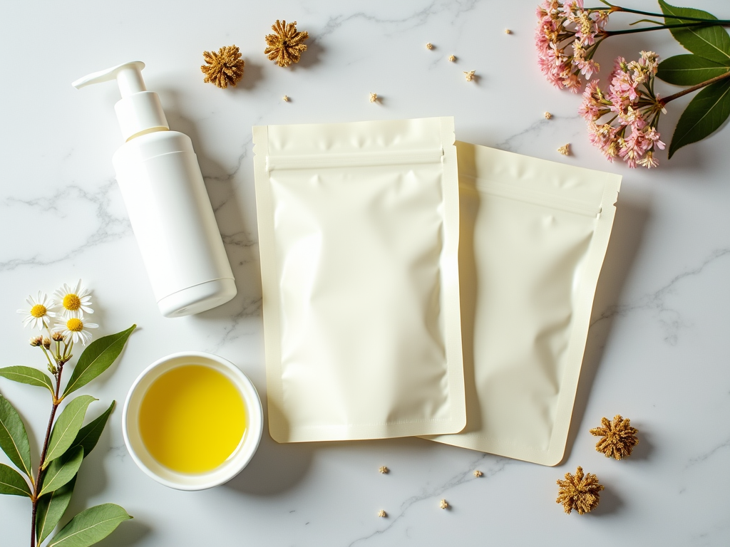 Skincare packaging and natural ingredients on a marble surface.