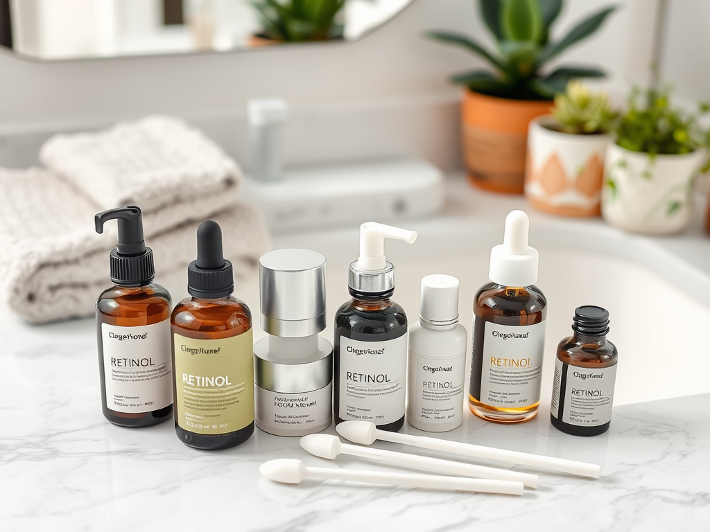 A collection of skincare retinol products arranged on a marble countertop, with small applicator spatulas nearby.