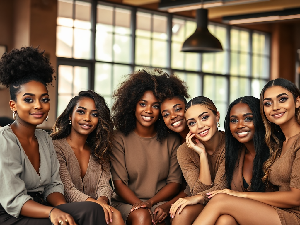 A group of seven women smiling together, dressed in neutral-toned outfits, sitting in a bright, modern space.
