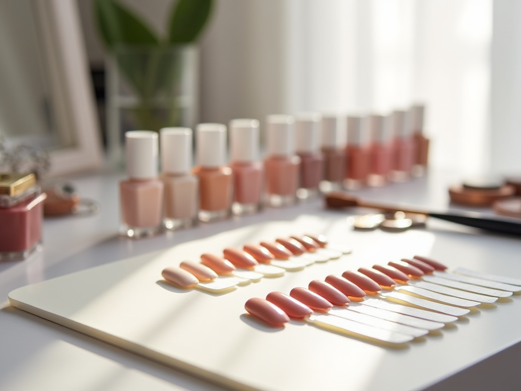 Array of nude nail polish bottles with matching color swatches on a bright table near a window.