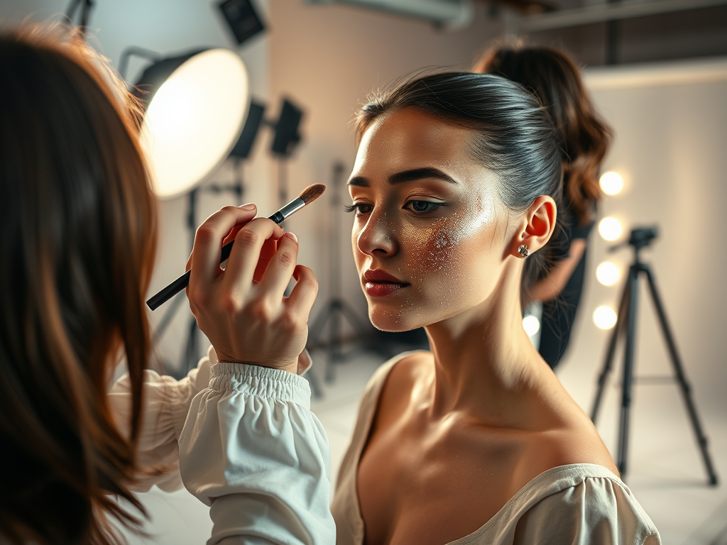 A makeup artist applies makeup to a model in a well-lit studio setting. Cameras and lights are visible in the background.