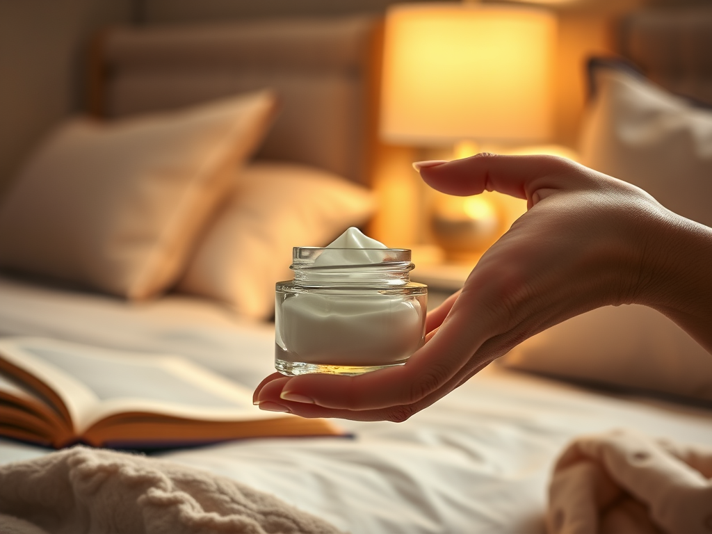 A hand holds a jar of cream in a cozy bedroom, with a softly lit lamp and an open book on the bed.