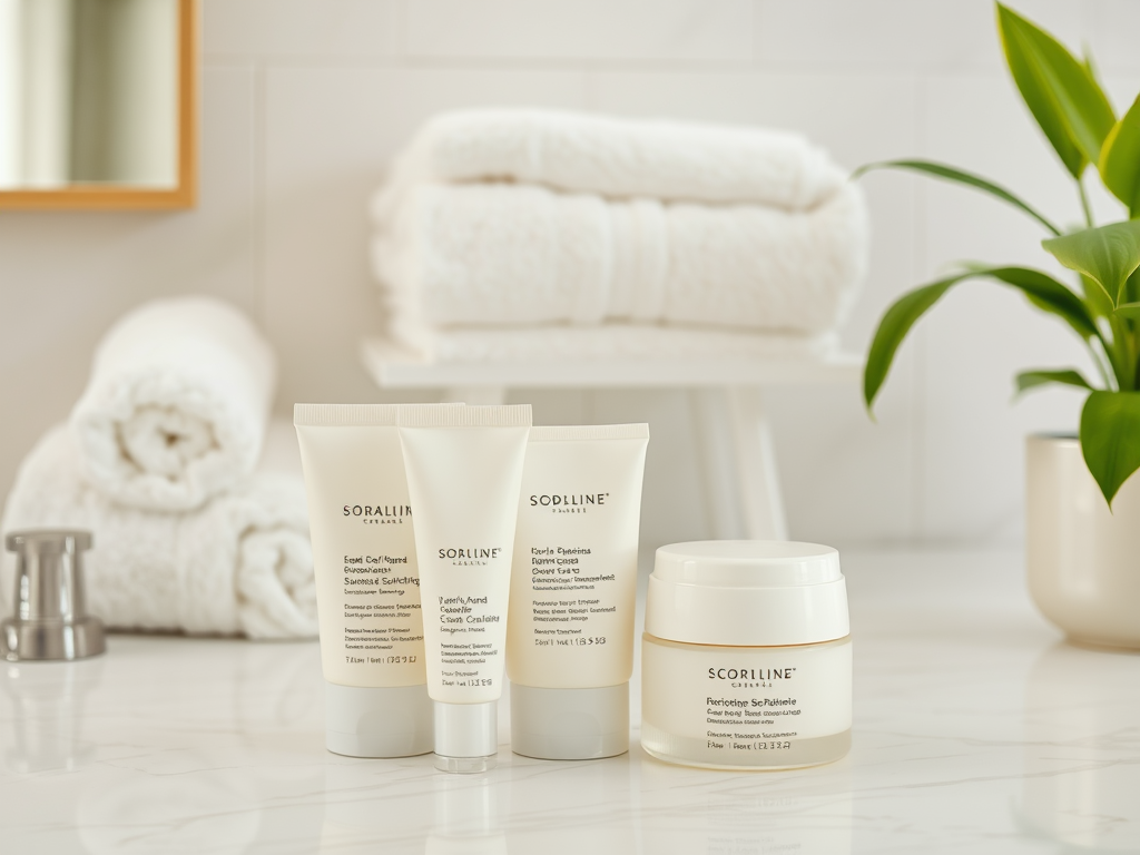 Three skincare products are displayed on a marble surface beside neatly folded towels and a green plant.