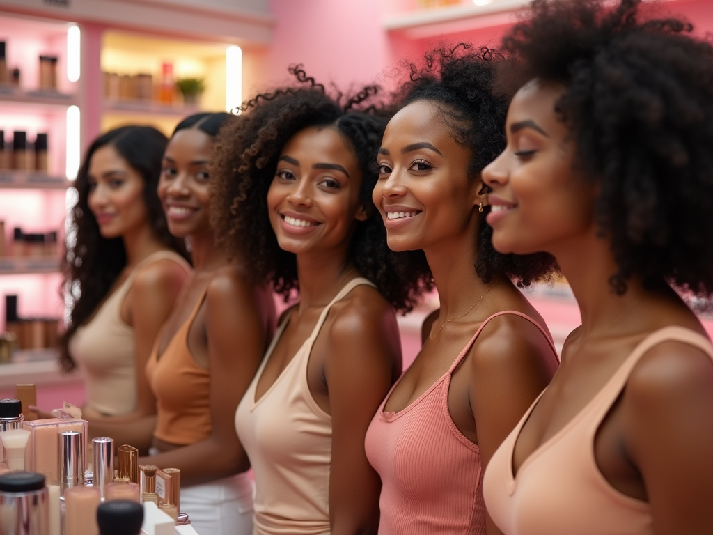 Five women smiling in a cosmetic store, lined up from profile to nearly frontal views.