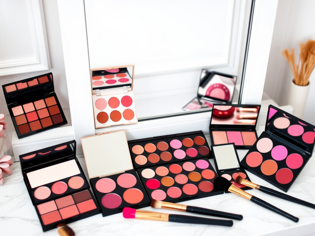 A selection of colorful makeup palettes and brushes displayed on a marble surface near a mirror.