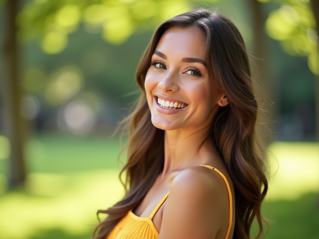 Smiling woman in a yellow dress outdoors.