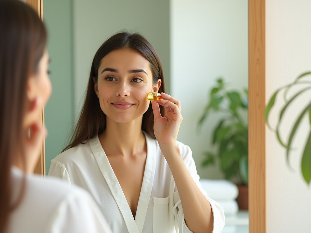 Woman in white robe applying serum to face while looking in mirror, indoor setting with plants.