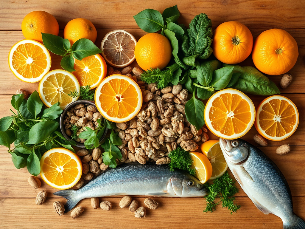 A colorful arrangement of oranges, greens, fish, and nuts on a wooden surface, showcasing fresh ingredients.