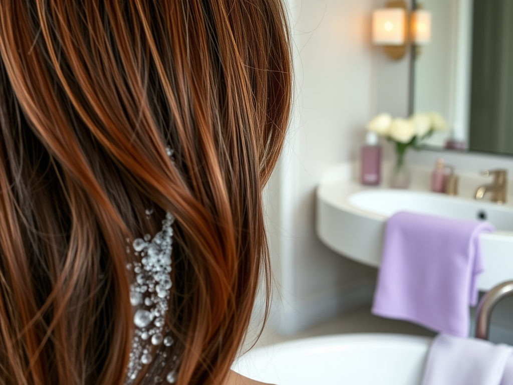 A close-up of long, wavy hair with a hint of bubbles, set against a stylish bathroom background.