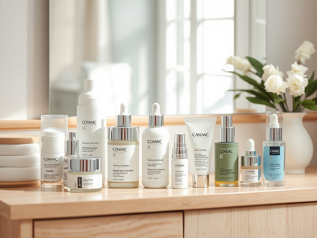 A neatly arranged collection of skincare products on a wooden surface, with a mirror and flowers in the background.