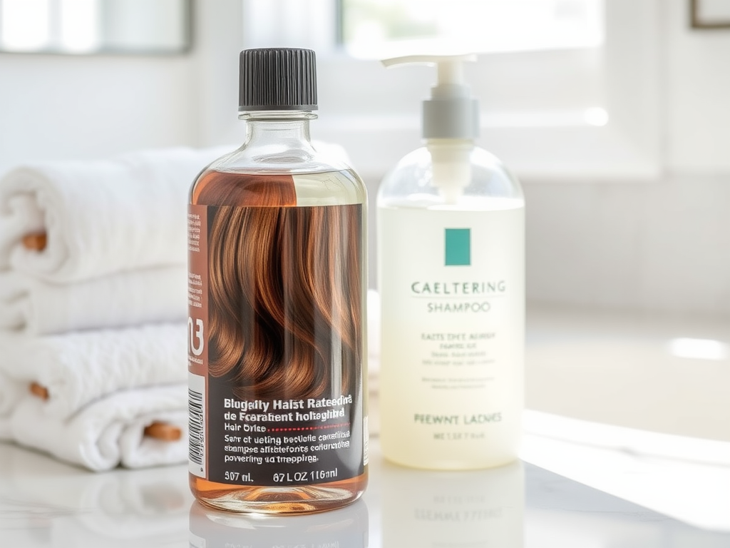 A bottle of hair oil and a bottle of shampoo sit on a clean countertop, with white towels neatly rolled beside them.