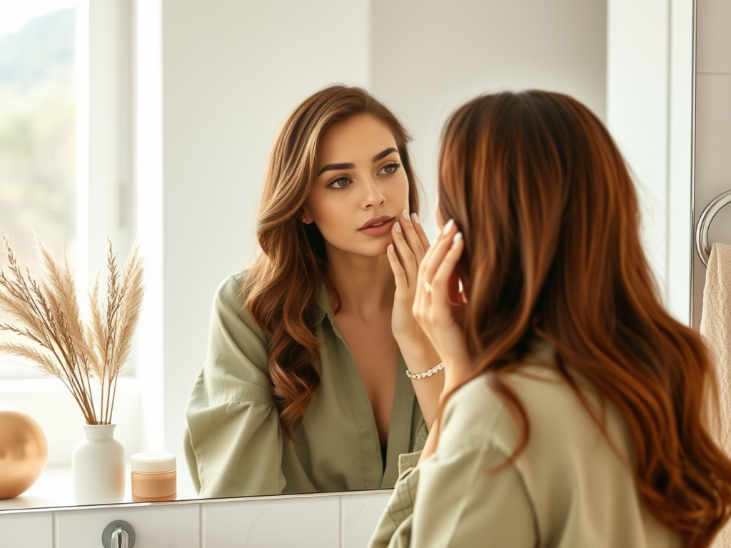 A woman in a green shirt examines her reflection in a mirror, surrounded by soft decor and natural light.
