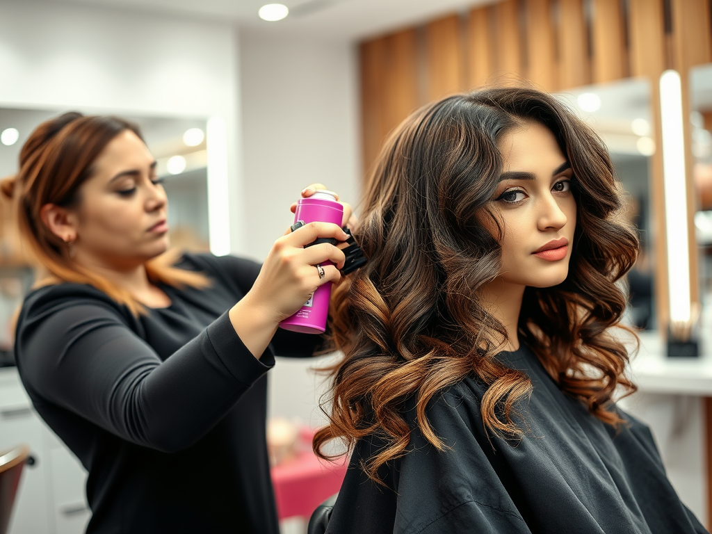 A hair stylist applies finishing spray to a client with styled curly hair in a salon setting.