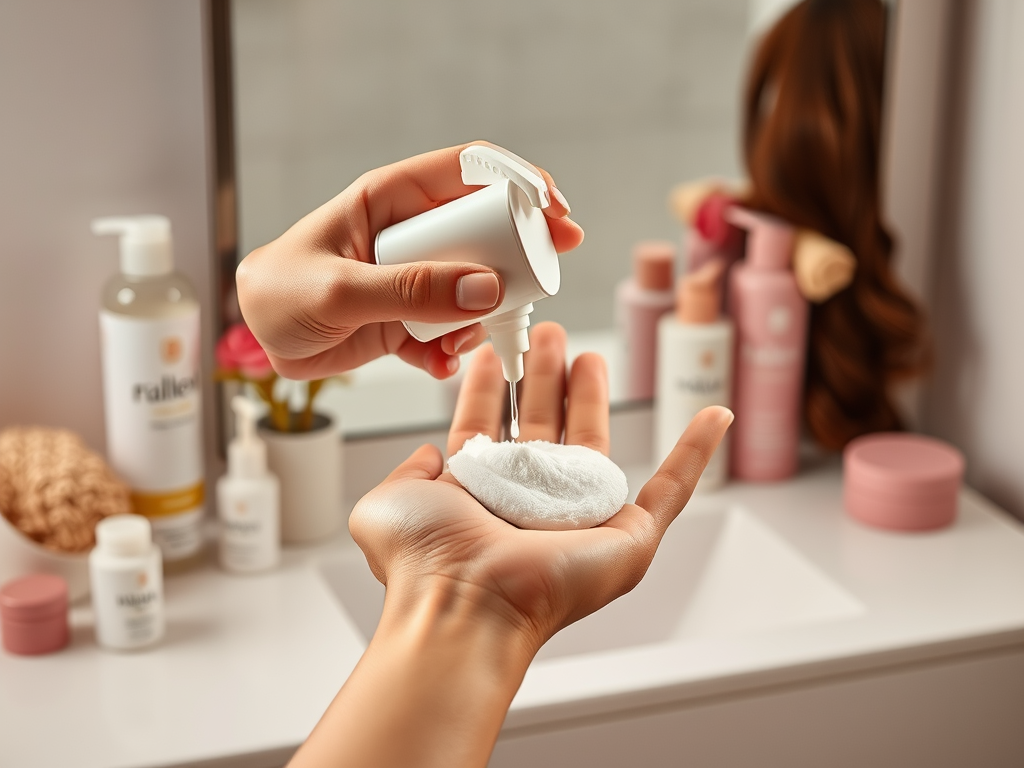 A hand pours a liquid from a bottle onto a cotton pad in a softly lit bathroom with various skincare products.