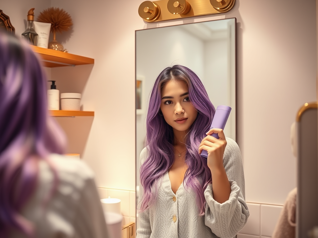 A young woman with long purple hair stands in a bathroom, holding a purple hair product while looking in the mirror.