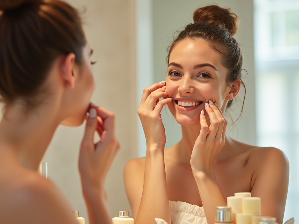 Young woman smiling while touching her face, reflected in a bathroom mirror.