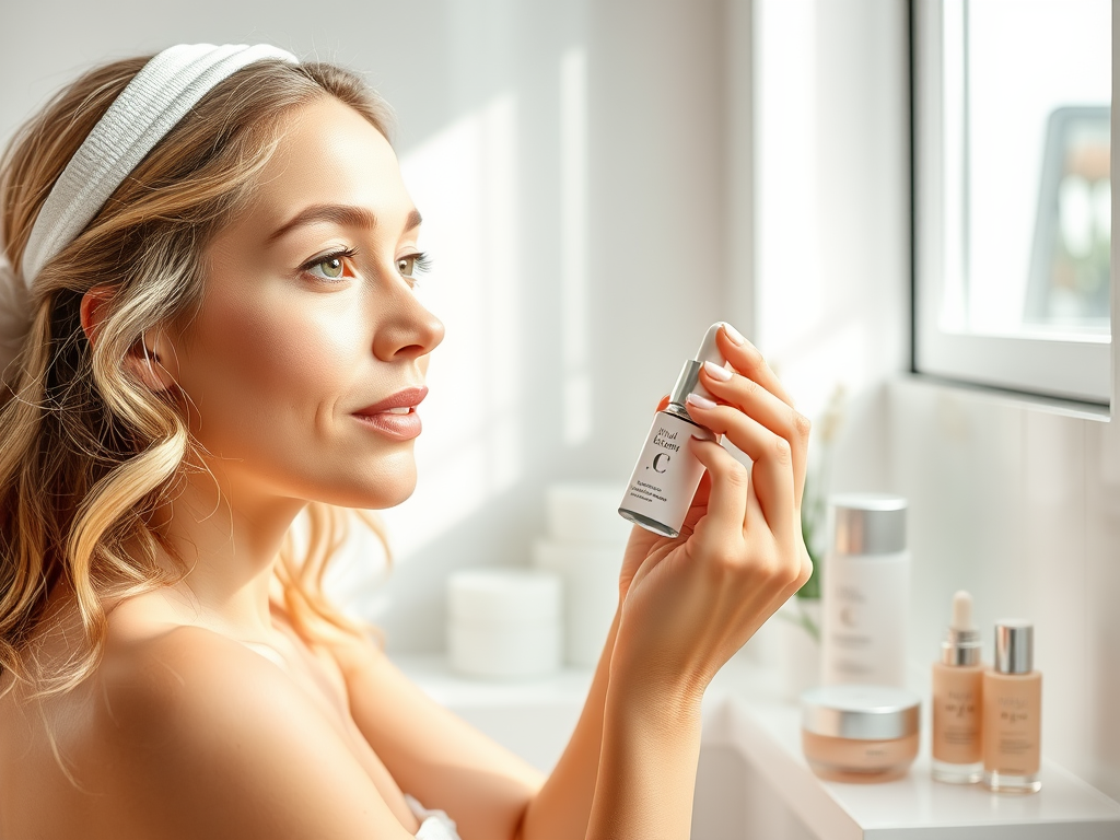 A woman holds a skincare serum while looking thoughtfully out a window, surrounded by beauty products.