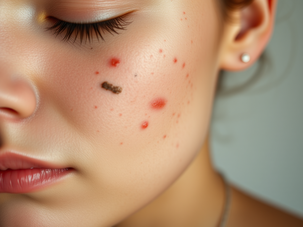 A close-up of a woman's face showing skin with blemishes, redness, and small imperfections. Natural lighting highlights details.