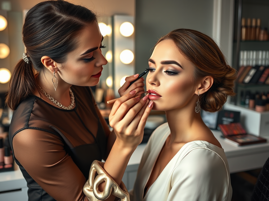 A makeup artist applies lipstick to a model in a beauty studio with lights and makeup products in the background.