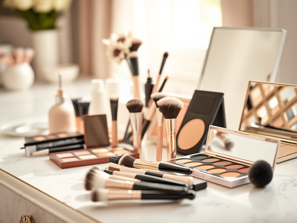 A variety of makeup products and brushes arranged neatly on a marble surface with soft lighting.