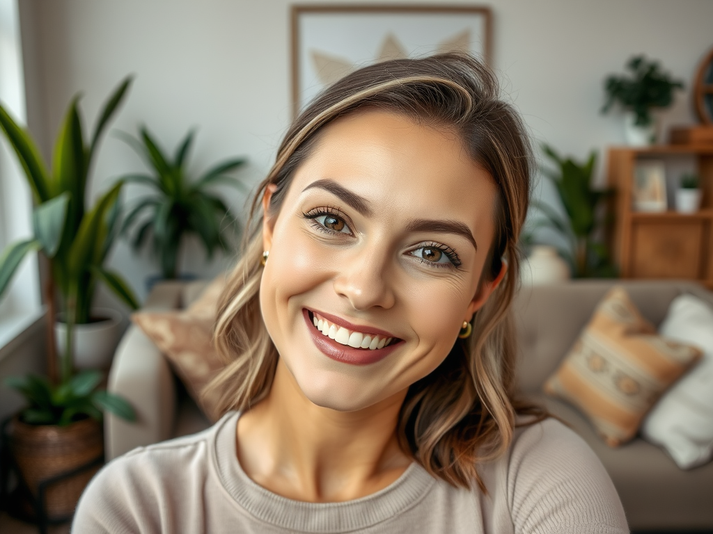 A smiling young woman with medium-length hair poses in a cozy, plant-filled living room.