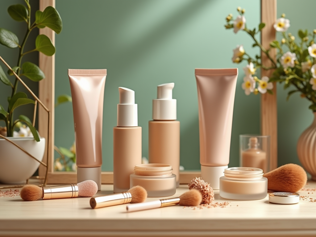 Cosmetic products and brushes on a wooden shelf with plants and flowers in the background.