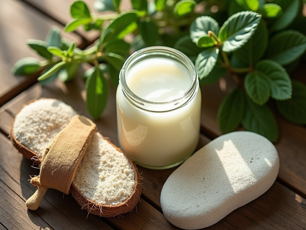 Jar of milk and natural skin care products with leaves on a wooden table.