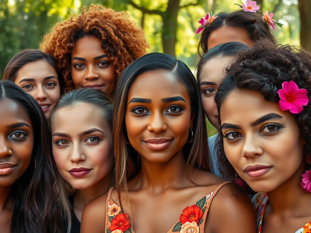 A diverse group of women, smiling and posing closely together in a sunny, outdoor setting.