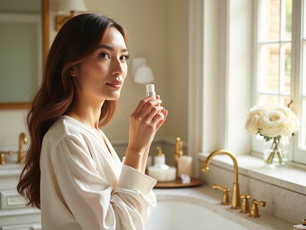 Woman holding a perfume bottle in a luxurious bathroom with flowers on the counter.