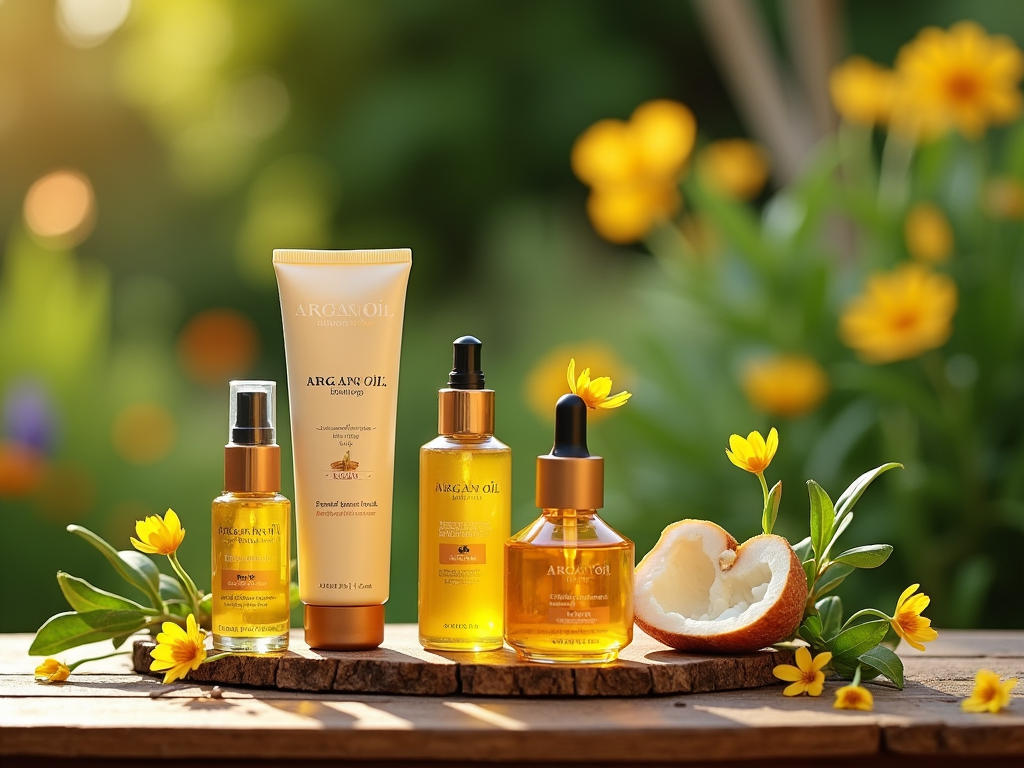 Variety of argan oil beauty products displayed on a wooden surface amid vibrant yellow flowers.