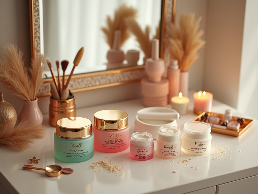 Elegant skincare products on a vanity, with makeup brushes, candles, and dried flowers. A serene beauty setup.