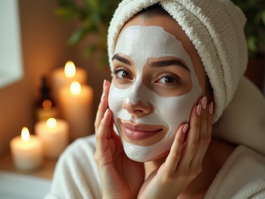 Woman with a facial mask, wearing a head towel, surrounded by candles in a cozy spa setting.