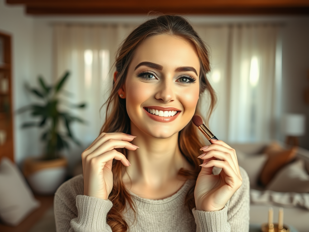 A smiling woman holds a makeup brush in a cozy room with soft lighting and neutral decor.