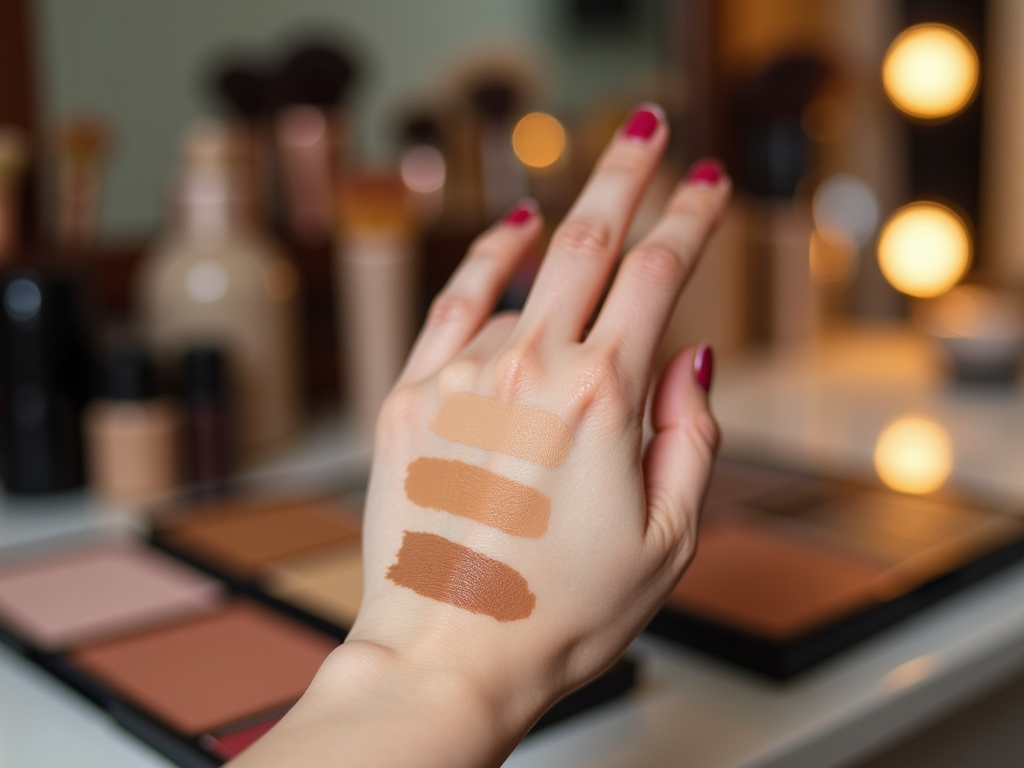 Hand with swatches of foundation, blurred makeup in background.