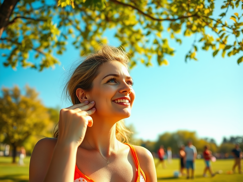 A smiling woman in a bright outfit stands outdoors, enjoying a sunny day under green trees.