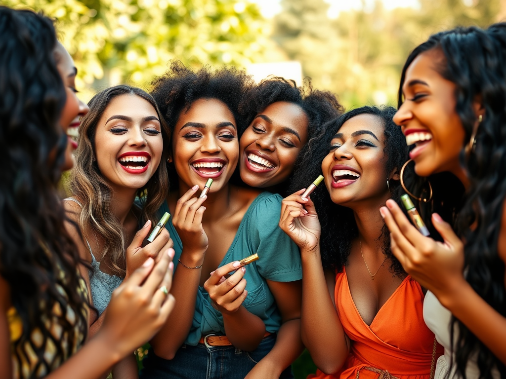 A group of six smiling women enjoying beauty products outdoors, showcasing a sense of joy and friendship.