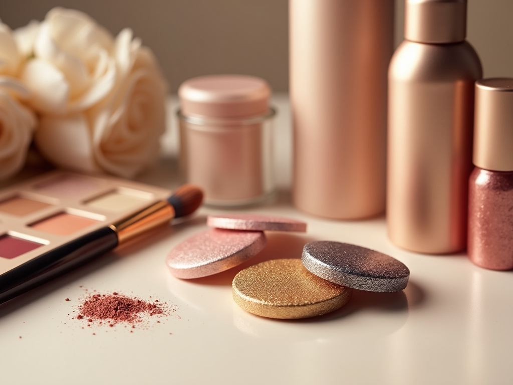 Array of makeup products with eyeshadow palettes, brushes, and flowers on a neutral background.