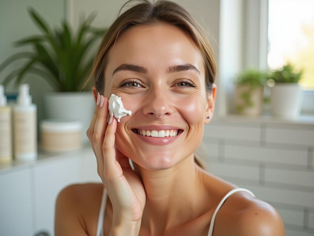 Young woman applying facial cream, smiling in a bathroom with plants in the background.