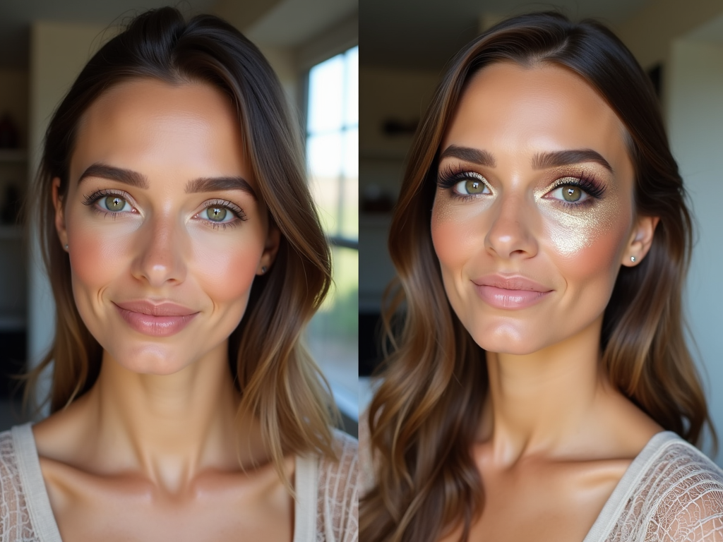 Woman with natural makeup on left, glamorous shimmer makeup on right.