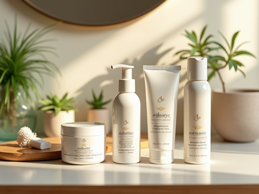 Skincare products on bathroom counter with sunlight and green plants in the background.