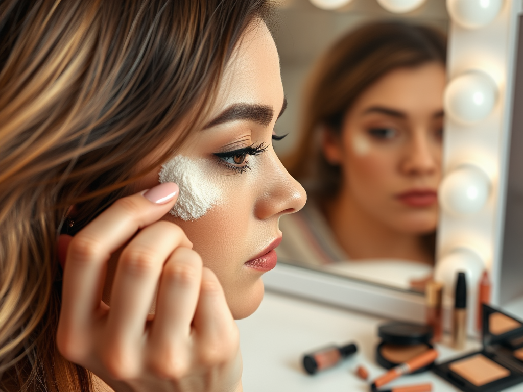 A young woman applies makeup with a brush, her reflection visible in a well-lit mirror surrounded by cosmetics.