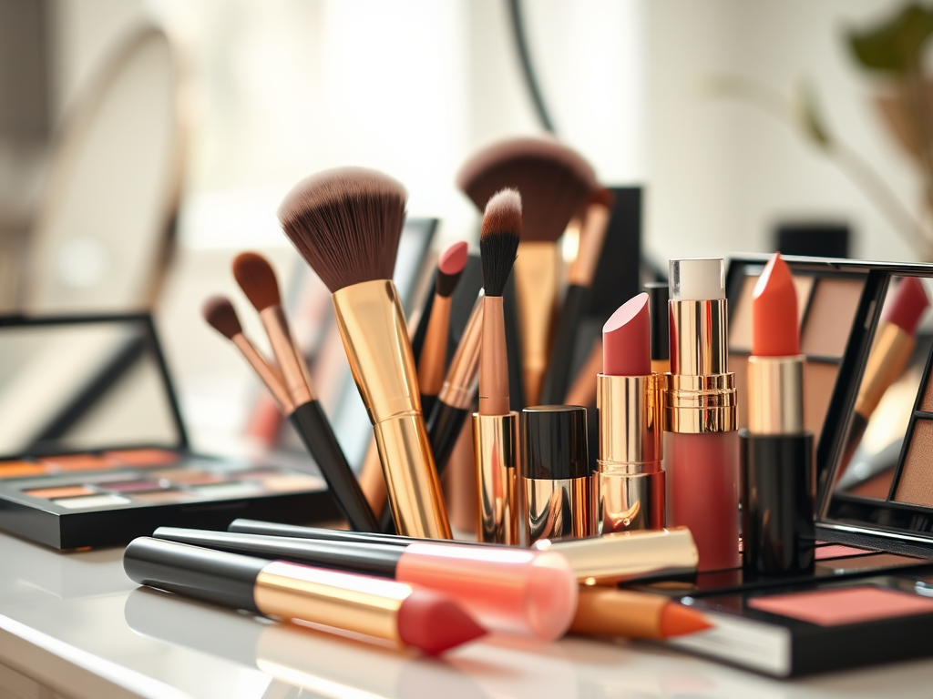 A variety of makeup products, including lipsticks, brushes, and palettes, arranged on a vanity table.