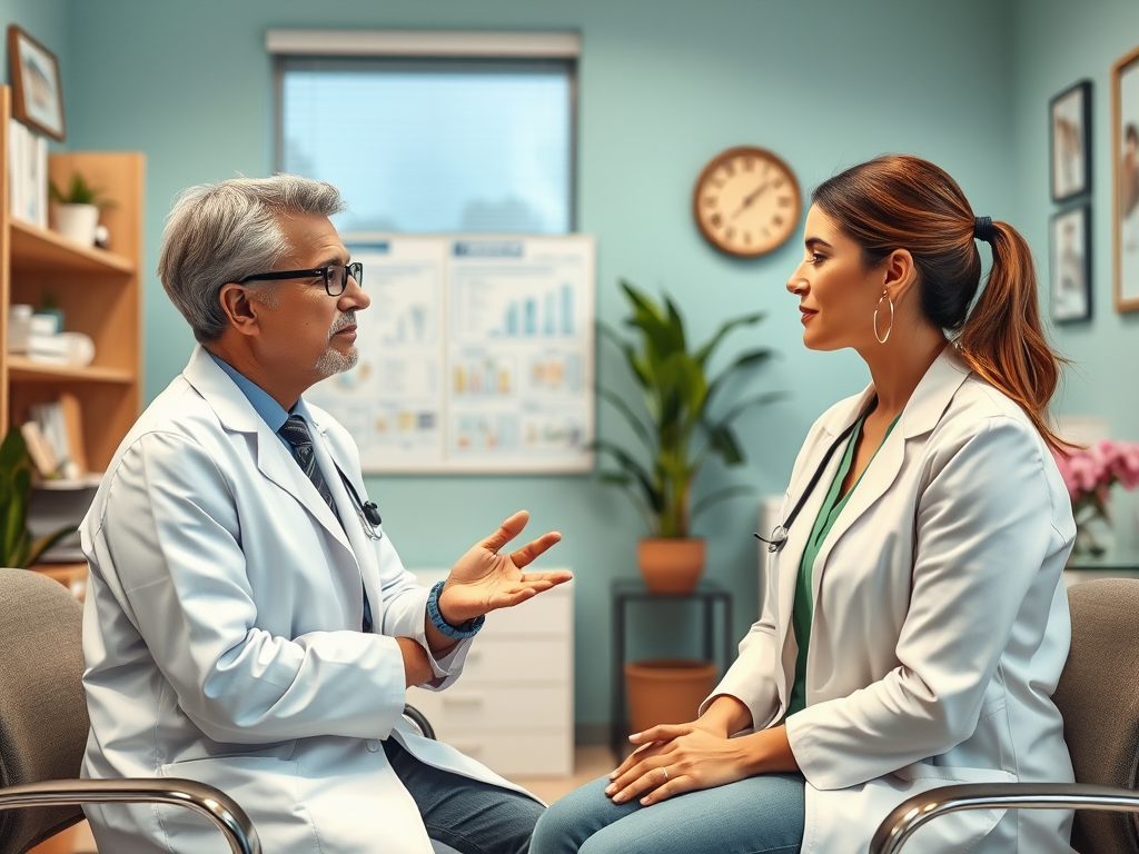 A healthcare professional discusses with a patient in a bright and organized office setting.